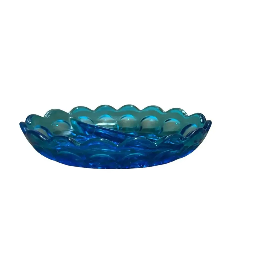 Vintage Anchor Hocking Fairfield Laser Blue Divided Glass Relish Dish